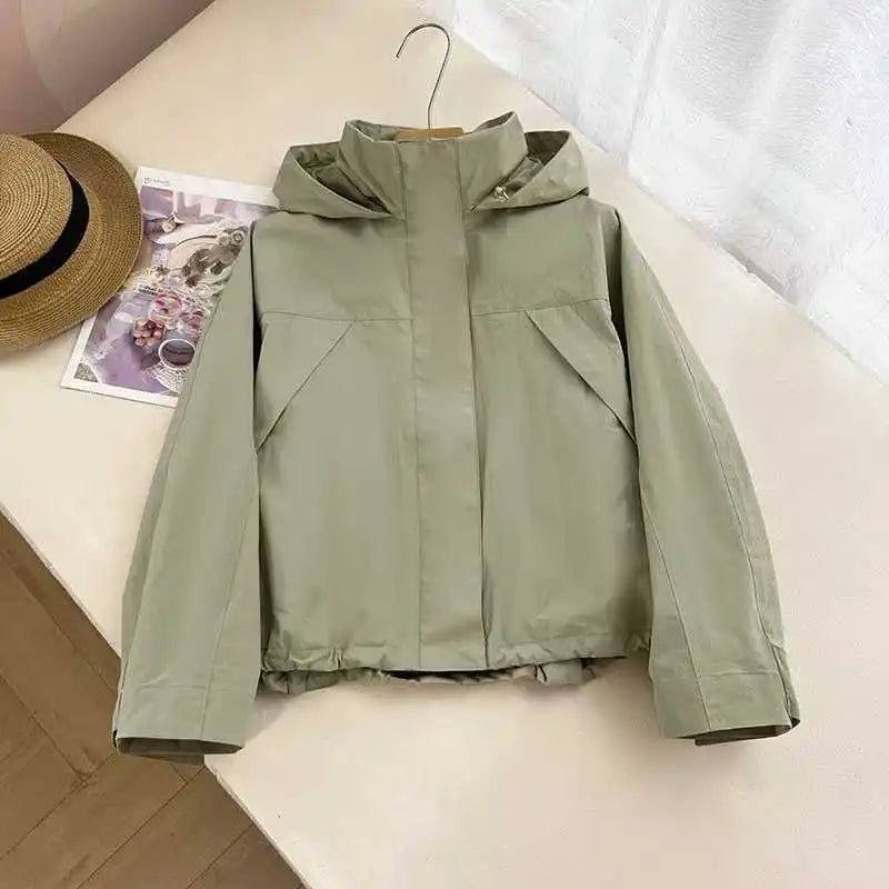 Blouson court à capuche femme avec cordon de serrage taille, couleur unie
