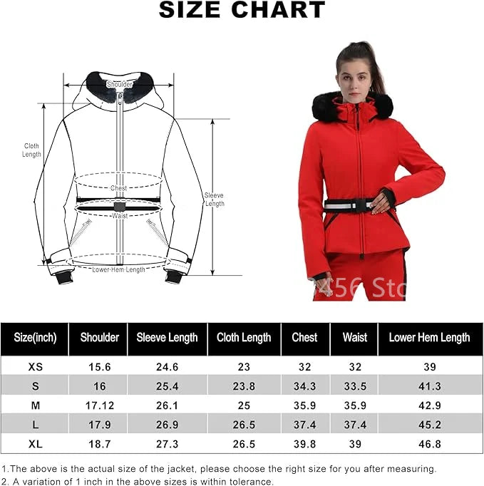 Veste de Ski Femme Motif Pied-de-Poule Noir et Beige avec Capuche et Ceinture