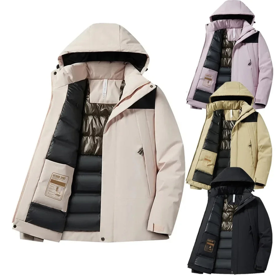 Unisex quilted hooded puffer jacket, windproof and waterproof, for outdoor use