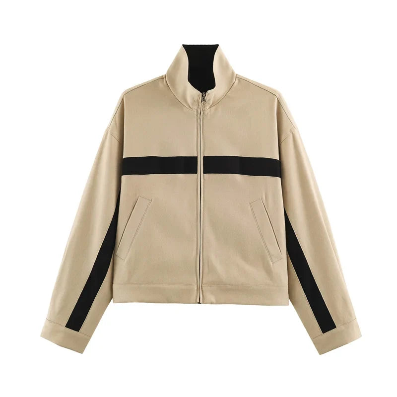 Damenblouson mit Stehkragen, Reißverschluss und kontrastierenden Streifen