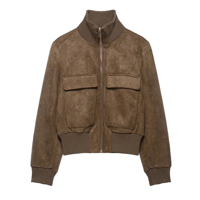 Blouson Bomber Femme Courte Effet Daim Kaki avec Fermeture Éclair et Poches