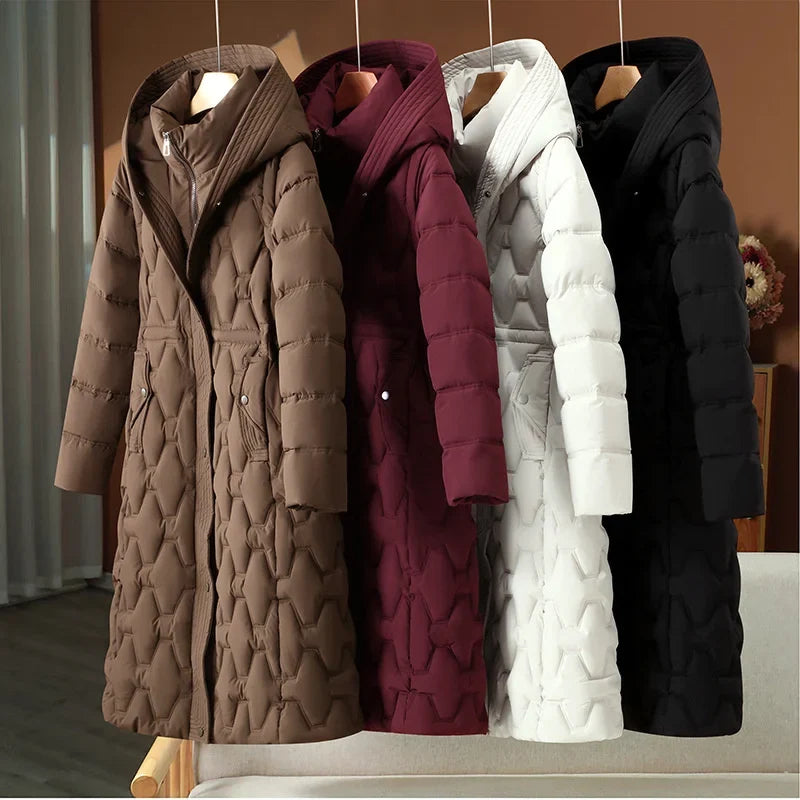 Langer gesteppter Damen-Wintermantel mit Kapuze, taillierter Schnitt, mehrere Farben