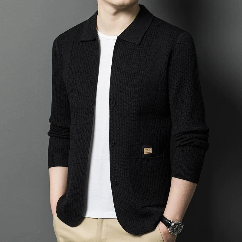 Cardigan Homme Tricot Col Polo Boutonné Poches Plaquées