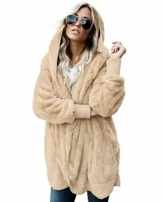 Gilet long femme doux à capuche uni avec poches
