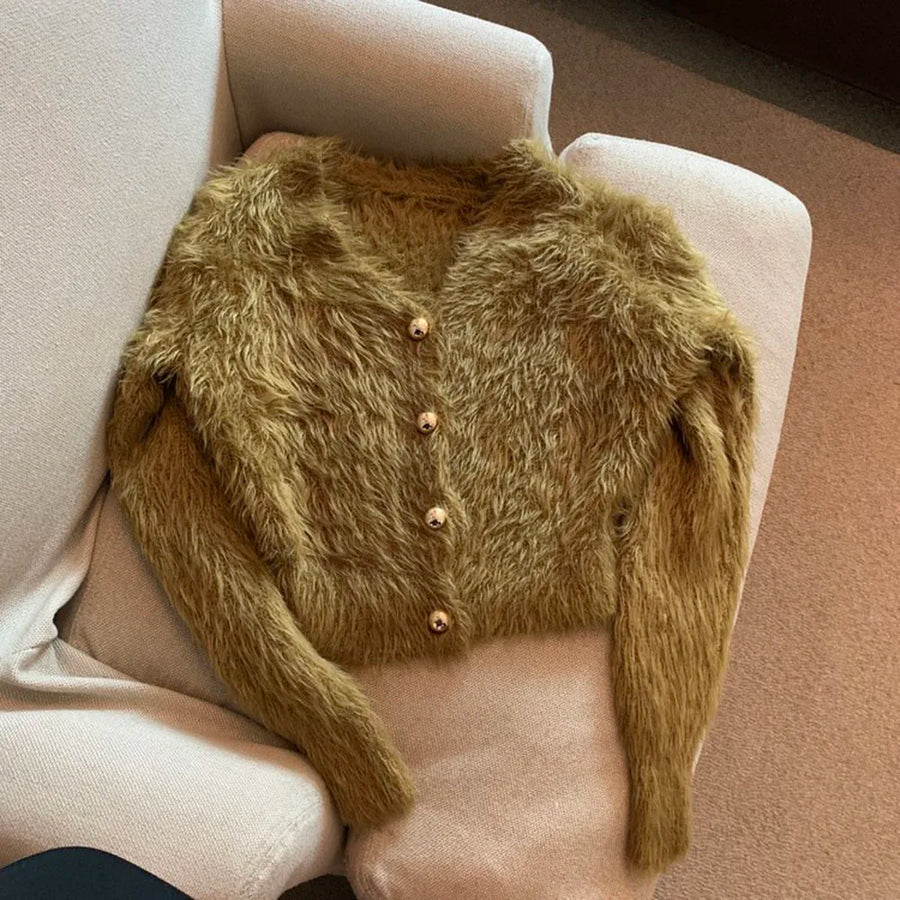 Cardigan corto da donna in tessuto soffice, con scollo a V e bottoni dorati