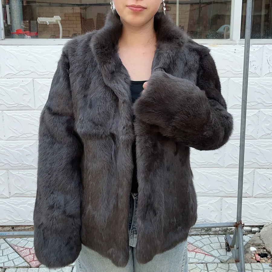 Veste courte femme en fourrure synthétique élégante, col montant, manches longues