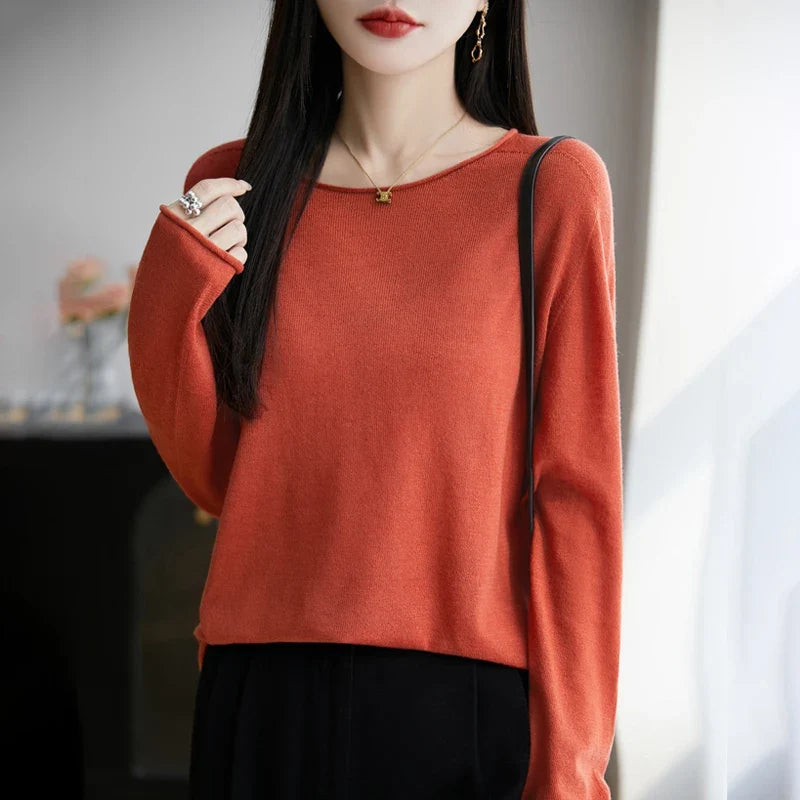 Suéter fino informal de mujer, de manga larga, cuello redondo y color liso