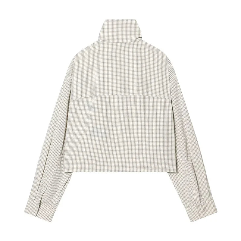 Kort damjacka med ståkrage och beige rutmönster