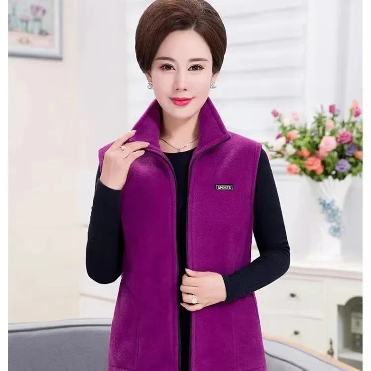 Chaleco polar suave sin mangas para mujer, con cierre de cremallera y cuello alto