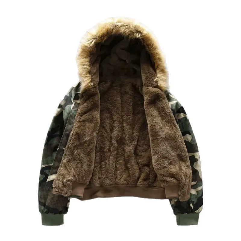 Veste bomber en fausse fourrure marron avec capuche et doublure camouflage