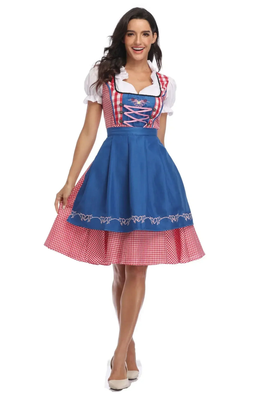 Traditionel dirndl-kjole med ternet mønster, korset og forklæde til kvinder