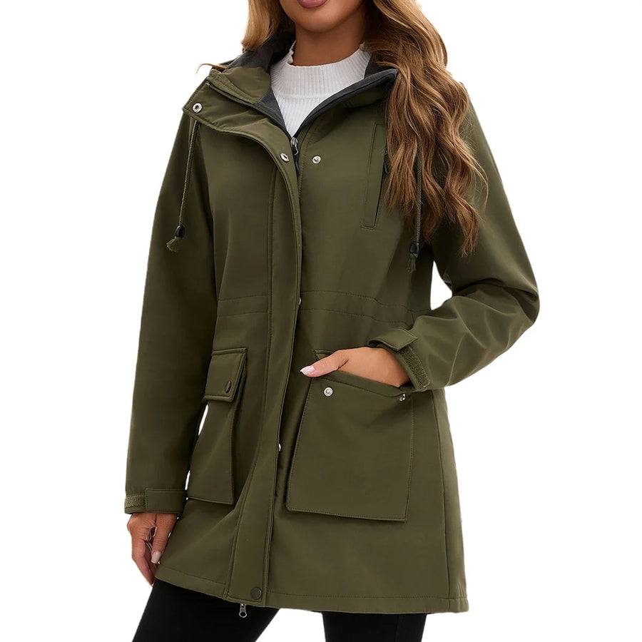 Vanntett parkas for kvinner med hette og lommer, mellomlang