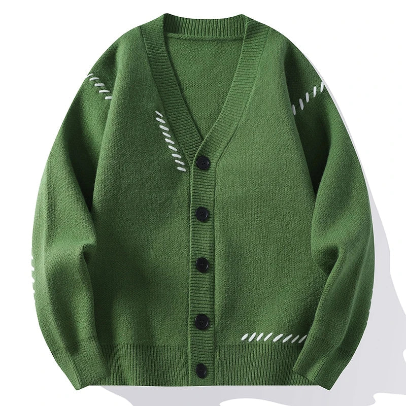 Cardigan informal de punto para hombre, verde oscuro, con cuello de pico, botones y motivos de punto