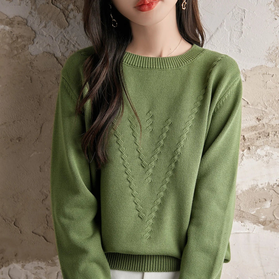 Pull femme en maille légère à col rond et motif en V texturé, manches longues