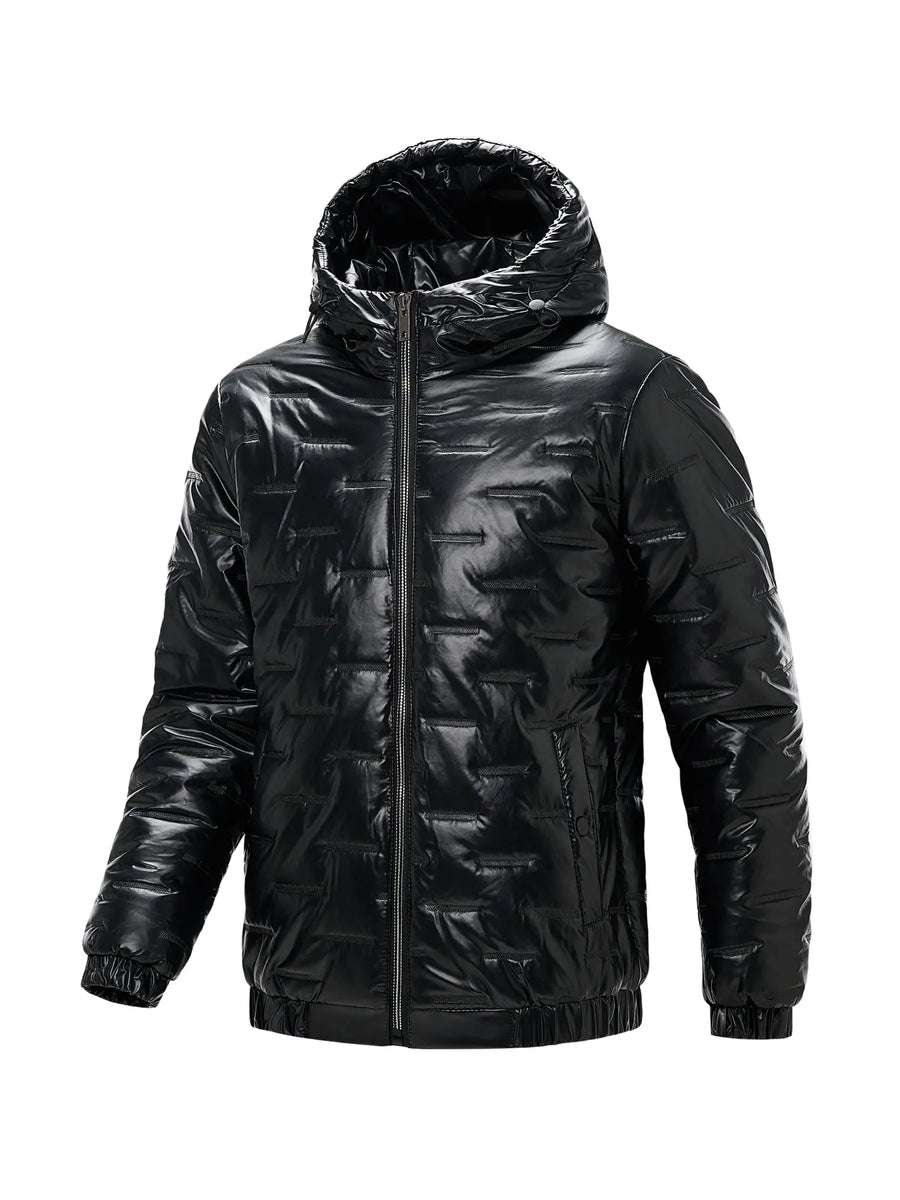 Men's shiny black quilted hooded puffer jacket with zip closure