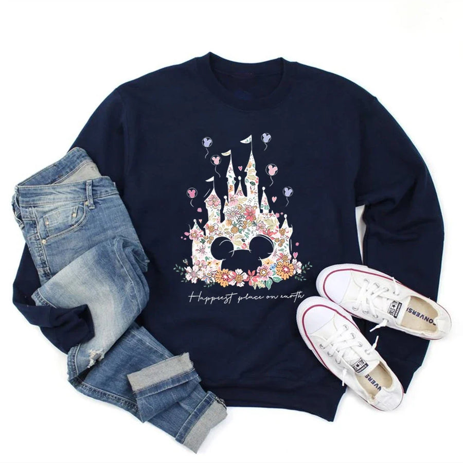 Sudadera de mujer de cuello redondo con estampado floral del castillo «Happiest Place», blanca