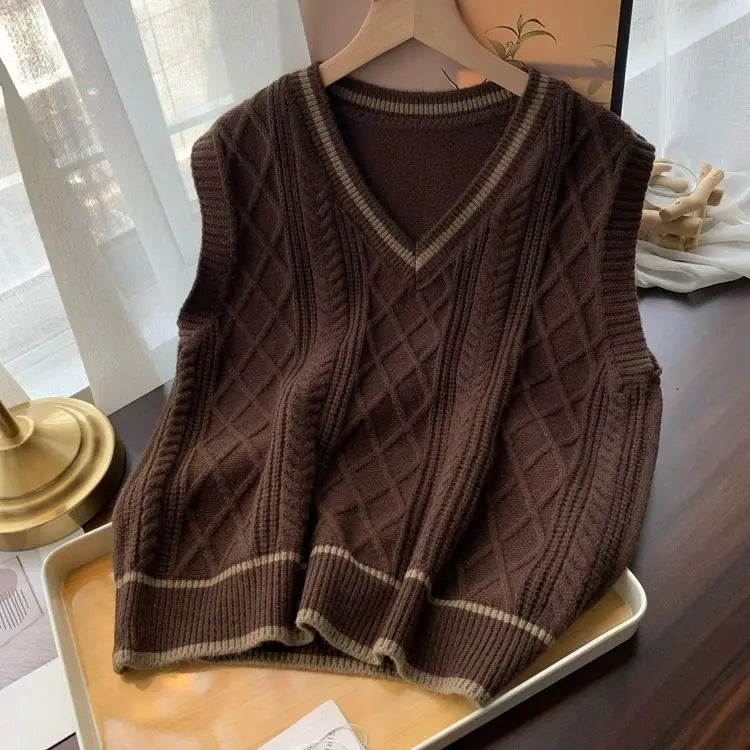 Gilet da donna senza maniche in maglia con scollo a V e motivi a trecce, stile preppy
