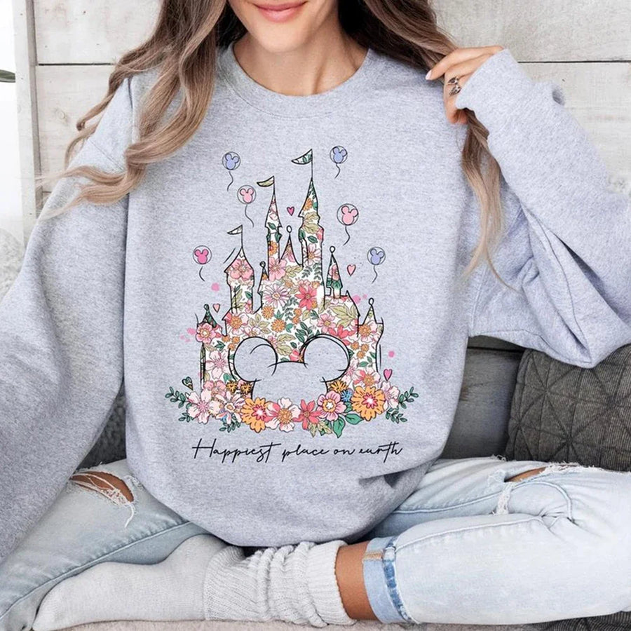 Sudadera de mujer de cuello redondo con estampado floral del castillo «Happiest Place», blanca