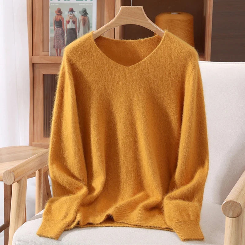 Maglione donna confortevole a collo a V, con maniche lunghe, in materiale morbido