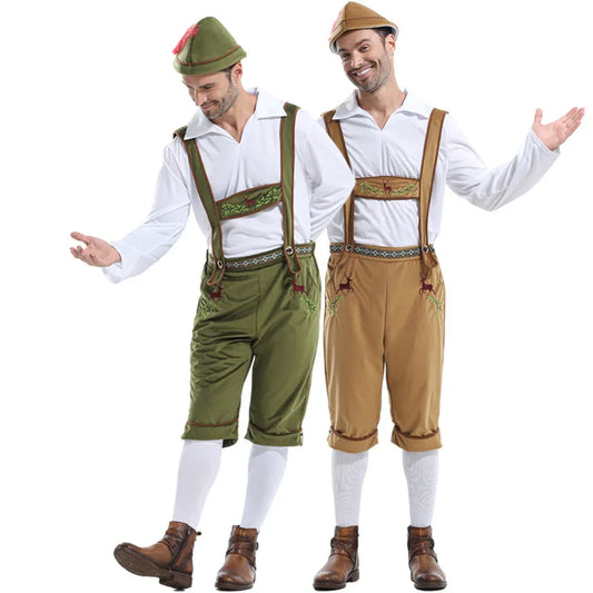 Bayerisches Herren-Kostüm mit Lederhose, Hosenträgern und Hut, einfarbig