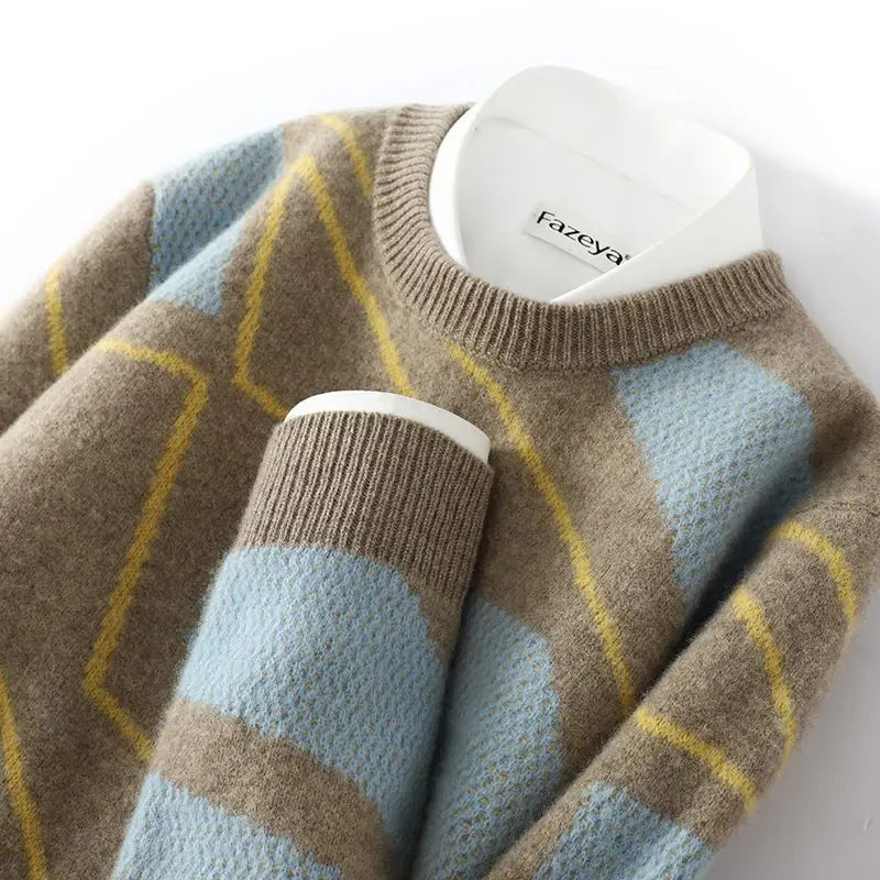 Męski sweter z dzianiny w romby, okrągły dekolt, długie rękawy