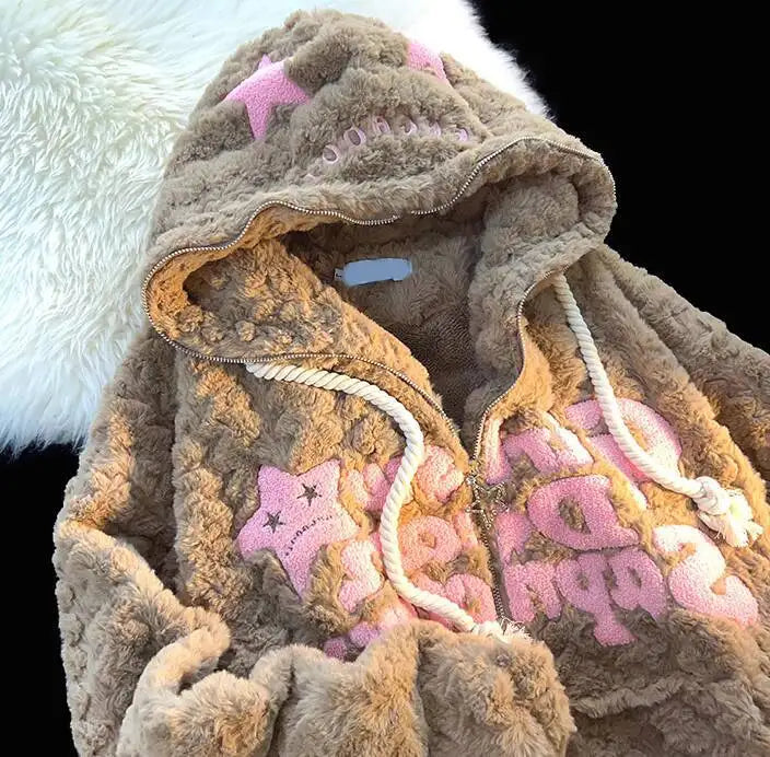Sweat à Capuche Doux Fermeture Éclair Étoiles Brodés Crème Rouge