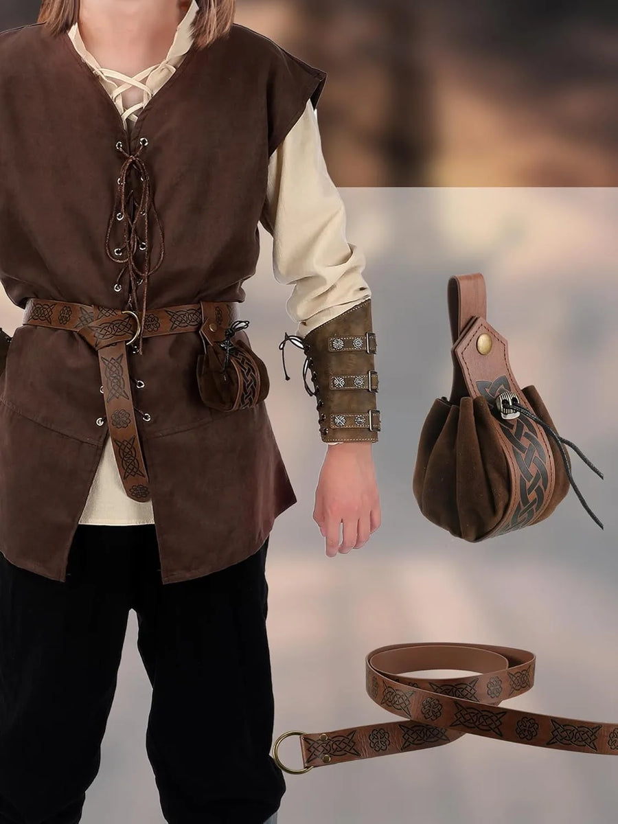 Costume medievale completo da uomo: giacca stringata, camicia, pantaloni, cintura e bracciale da polso