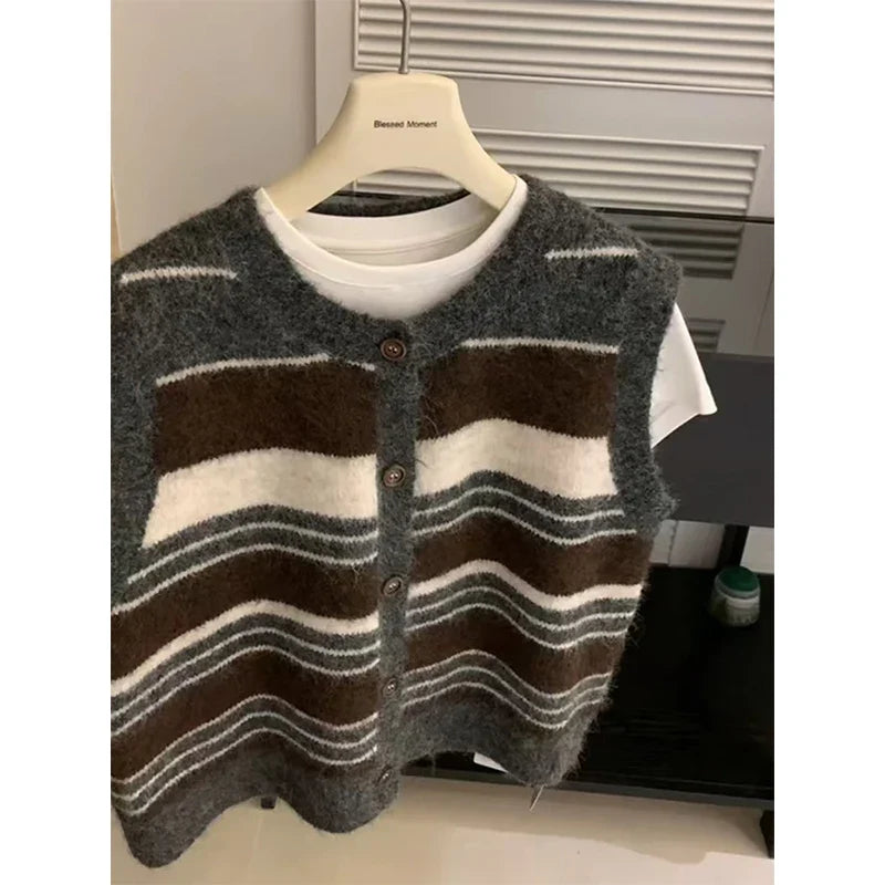 Gilet sans manches Femme rayé Col Rond Boutonné Gris Marron Blanc