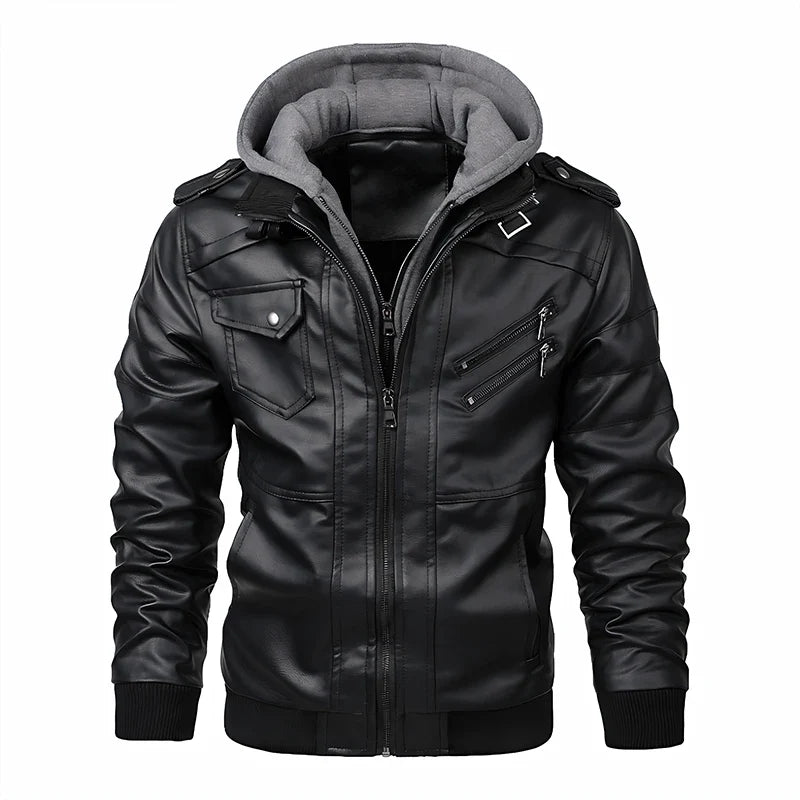 Giacca da uomo in ecopelle con cappuccio staccabile, giacca da moto nera e grigia
