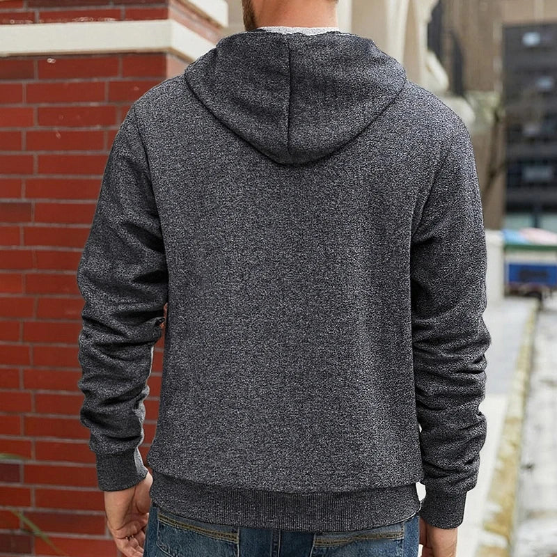 Men's thick, warm black fleece-lined zip-up hoodie
