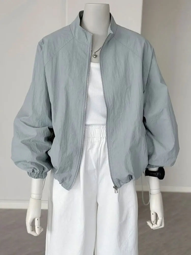 Women's Lightweight High-Collar Zip-Up Jacket with Puff Sleeves