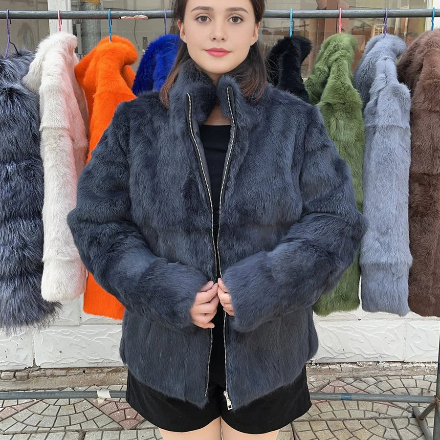 Veste courte femme en fourrure synthétique élégante, col montant, manches longues