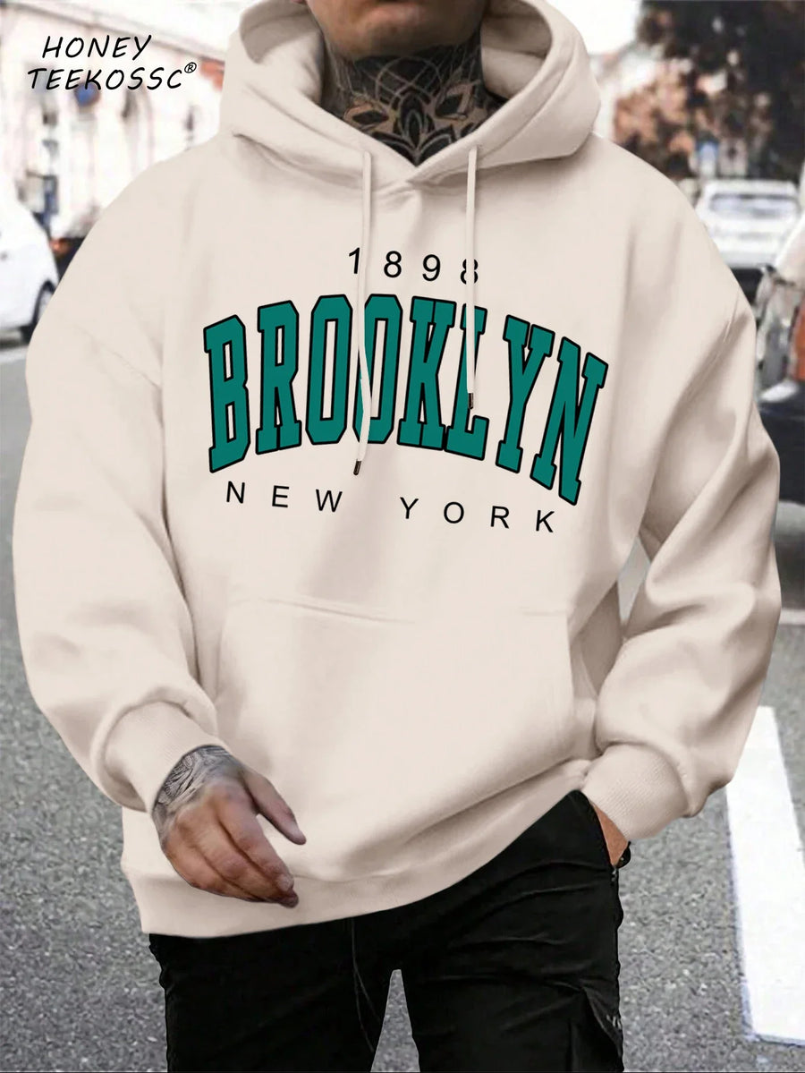 Unisex hættetrøje med New York Brooklyn-basketballprint og kængurulomme