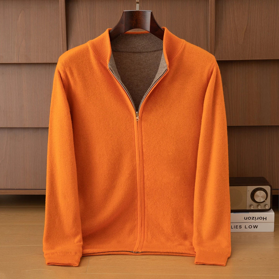 Gilet bicolore da uomo con cerniera, collo alto, lavorato a maglia arancione e grigio