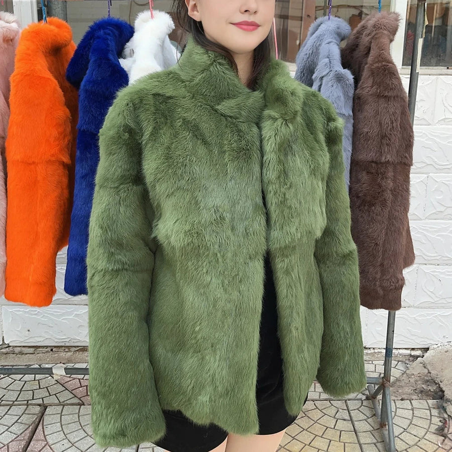 Veste courte femme en fourrure synthétique élégante, col montant, manches longues