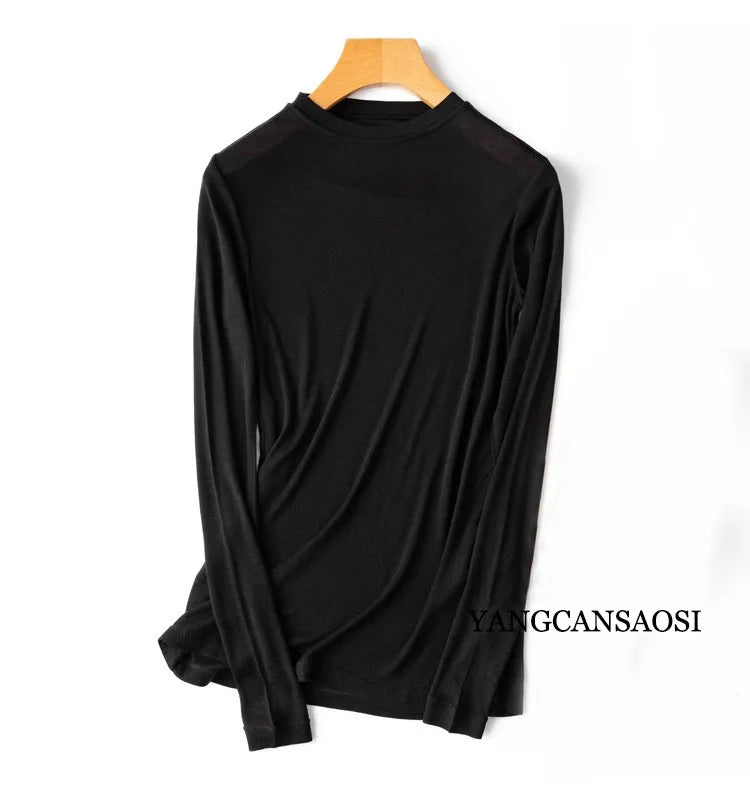 Camiseta lisa de manga larga para mujer con cuello redondo o vuelto