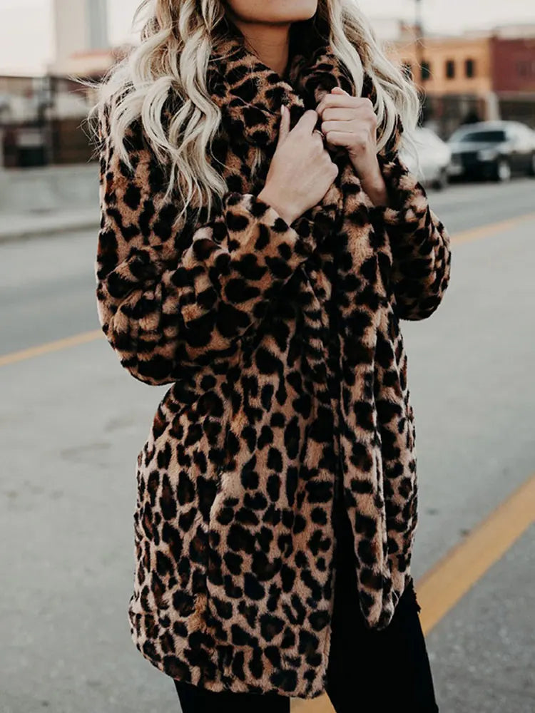 Women's Soft Leopard-Print Coat with Wide Collar