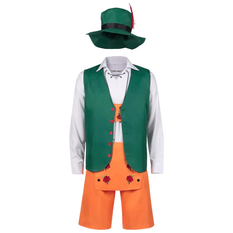 Oktoberfest-kostume til mænd i grøn og orange med hat og snøret skjorte