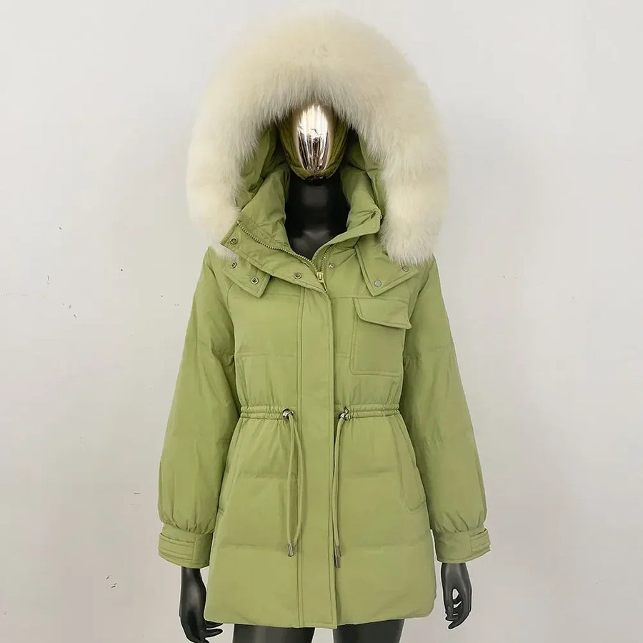 Foret vinterfrakke til kvinder med hætte med kant af cremefarvet syntetisk pels
