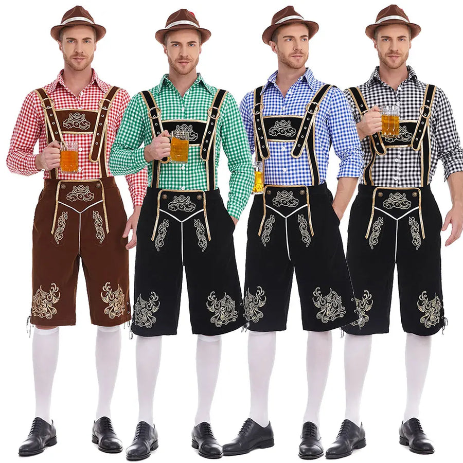 Bayersk herrekostume med korte seleshorts og ternet skjorte til Oktoberfest