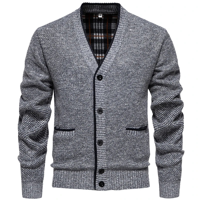 Cardigan for menn i melert strikk med V-hals og knapper, klassisk passform