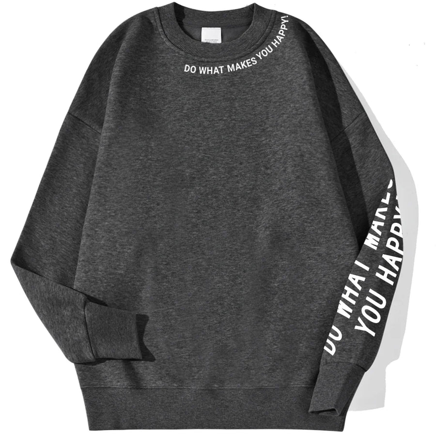 Sweatshirt til kvinder med rund hals, tekst på ærmer og skulder: "DO WHAT MAKES YOU HAPPY"