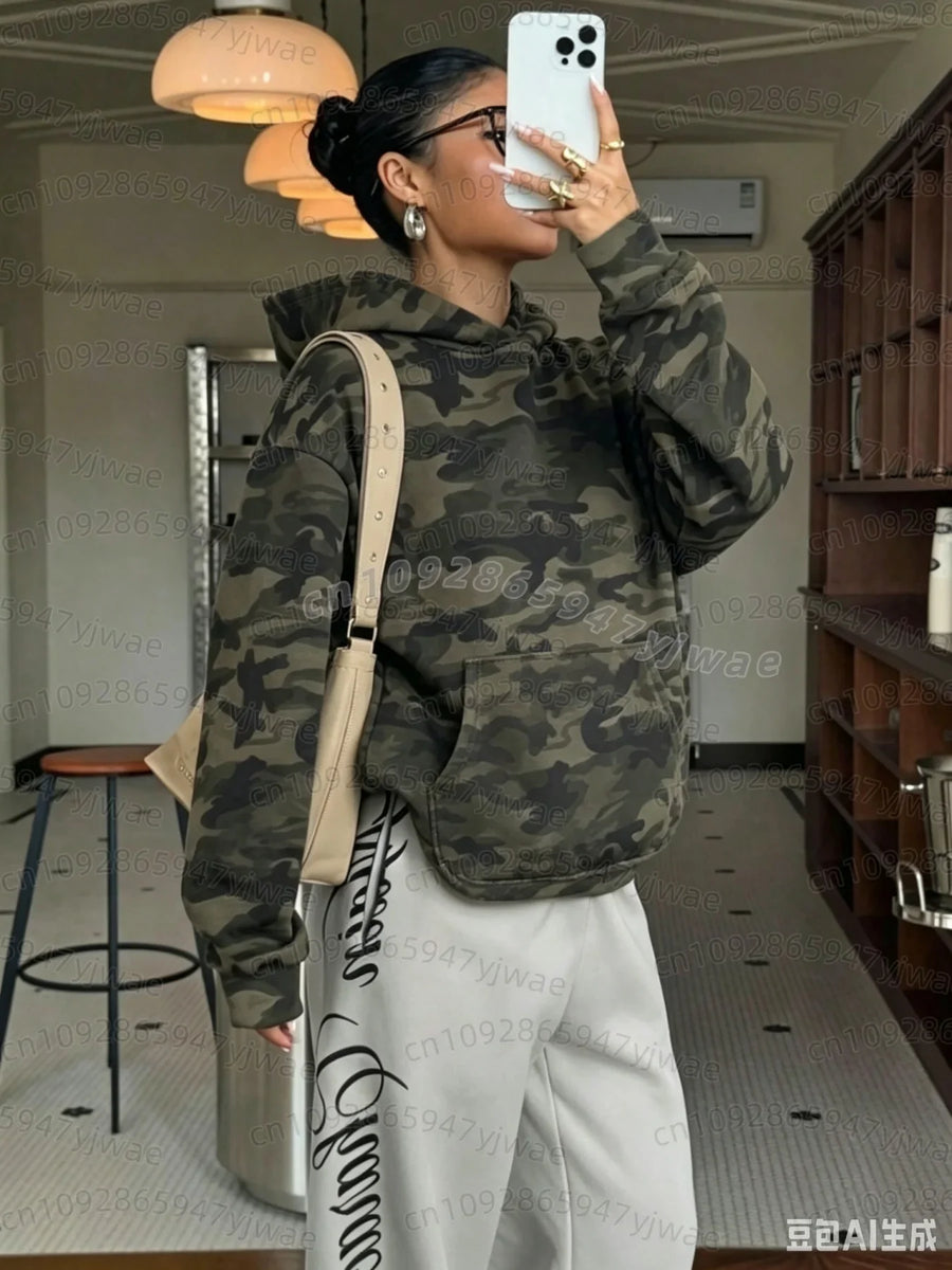 Sweat à Capuche Femme Camouflage Kaki Poche Kangourou