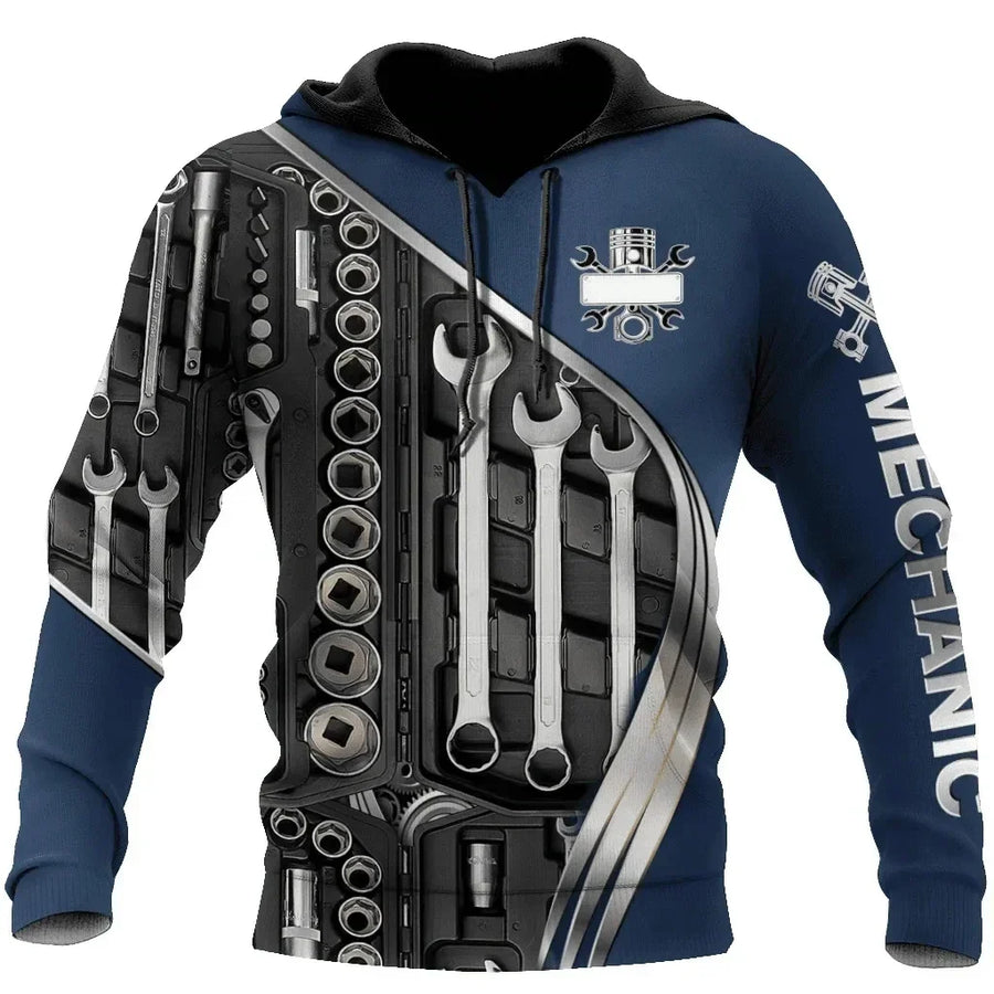Sweat à Capuche Homme Imprimé Mécanicien Moteur Engrenages Outils
