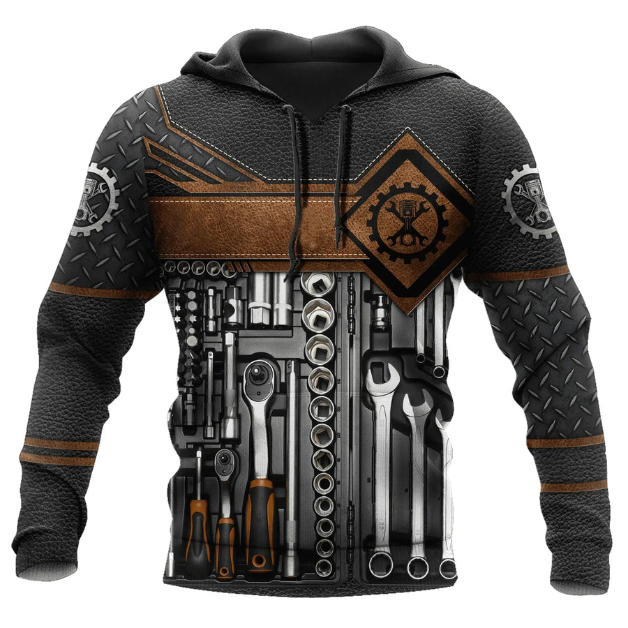 Sweat à Capuche Homme Imprimé Mécanicien Moteur Engrenages Outils