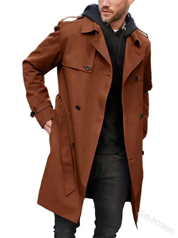 Trench-coat lungo da uomo doppiopetto con cintura beige