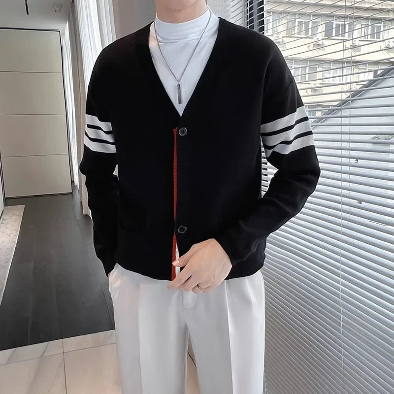 Men's button-up V-neck cardigan with sleeve stripes and tricolor details
