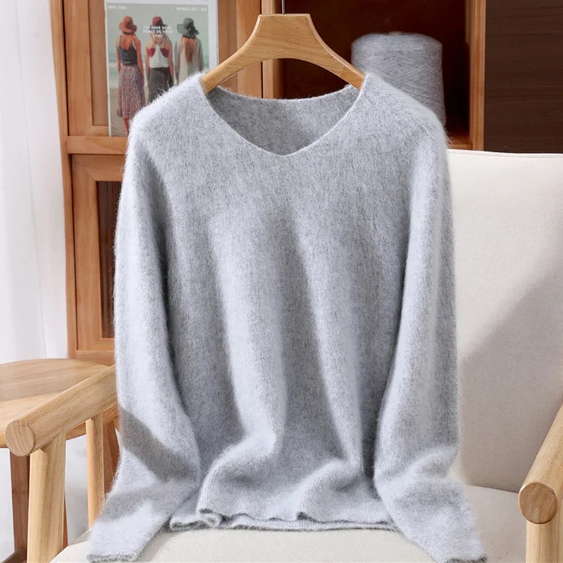 Maglione donna confortevole a collo a V, con maniche lunghe, in materiale morbido