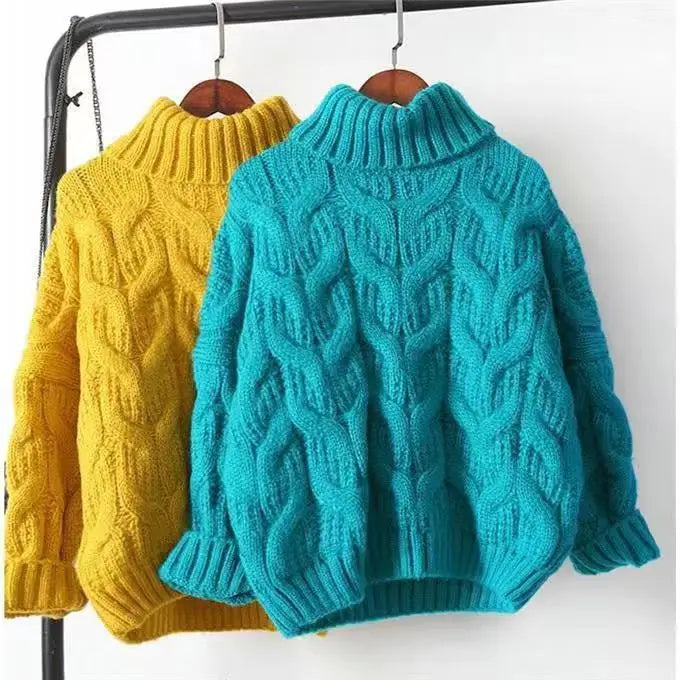 Women's Thick Cable-Knit Turtleneck Sweater in Yellow