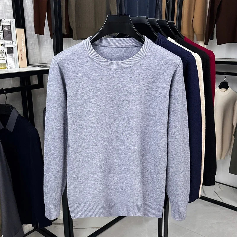 Męski sweter z dzianiny z okrągłym dekoltem, w jednolitym kolorze, z miękkiej dzianiny